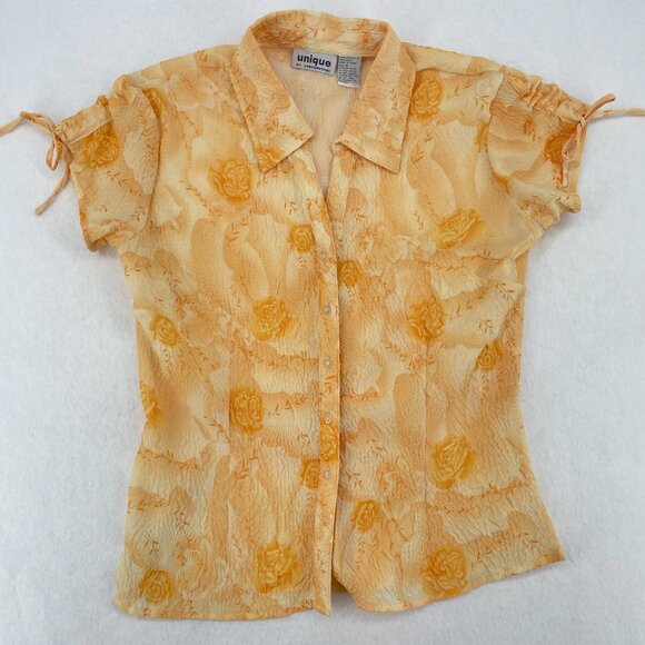 Vintage Y2K Unique Spectrum Crinkle Floral Shirt Ruched Tie Sleeve Orange M - Picture 8 of 9